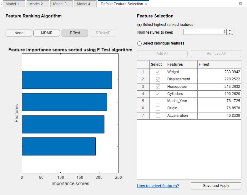 Default Feature Selection tab with F Test as the selected feature ranking algorithm