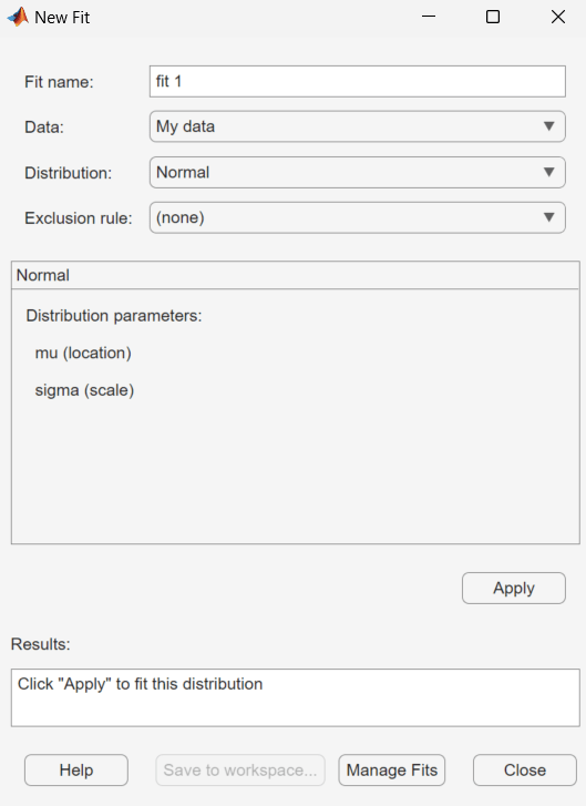 New Fit dialog box with normal distribution results for My data