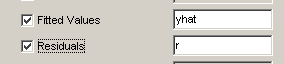 Close up of the regstats GUI. Check boxes are located next to input fields for fitted values and residuals.