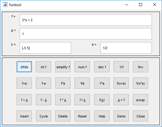 Control panel of the funtool app with the f field is 2*x + 2 and the x field is [-5 5]