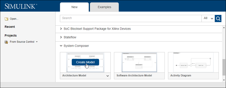 Accessing a new System Composer architecture model from the Simulink start page.