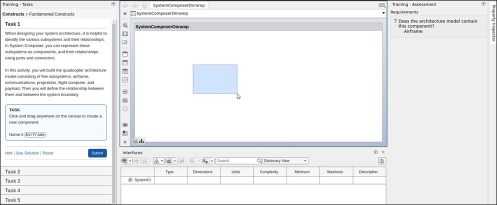 System Composer Onramp describes the task, displays an interactive model, and assesses whether the model matches the requirements set by the training.