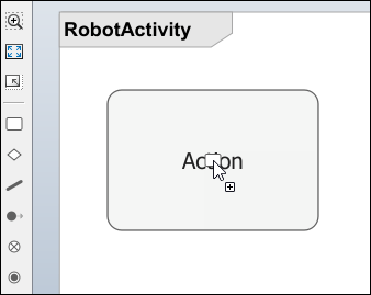 Clicking and dragging an action node from the left side palette to the activity diagram canvas.