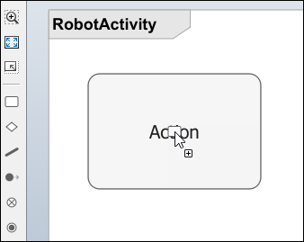 Clicking and dragging an action node from the left side palette to the activity diagram canvas.