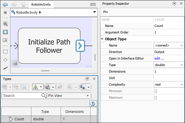 Initialize Path Follower action node with one output pin with an owned type called Count.