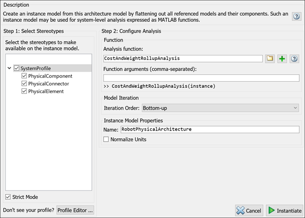 Instantiate Architecture Model window with stereotypes listed on the left and configure analysis on the right with analysis function, iteration order bottom-up, and instance model name system with props. Options are to cancel or instantiate.