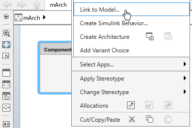 Software component is selected on the canvas and the context menu is displayed with the cursor hovering over the 'Link to Model' option.