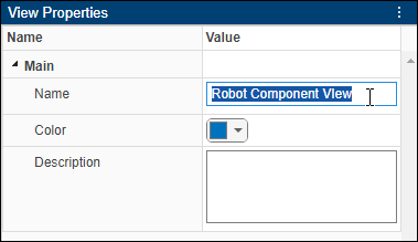 Architecture Views Gallery tool open to a new component diagram view. The user is in the 'View Properties' pane, changing the 'Name' property of the view to 'Robot Component View'.