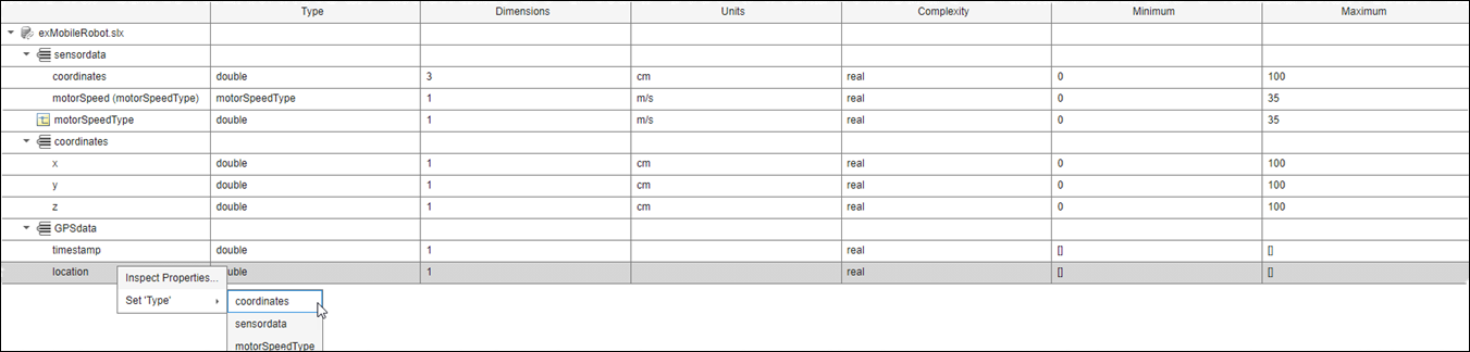 Interface Editor with three interfaces named 'sensor data', 'coordinates' and 'GPS data'. Below each are interface elements with properties defined. The 'location' interface element under the interface named 'GPS data' has been right-clicked. The user is selecting the option 'Set type' to choose the interface named 'coordinates'.