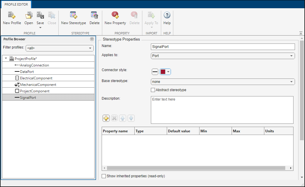 Profile Editor with profile named 'ProjectProfile' on the left and stereotypes listed underneath.