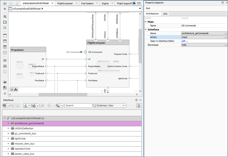 Property Inspector with port highlighted and interface in the Interface Editor shown.