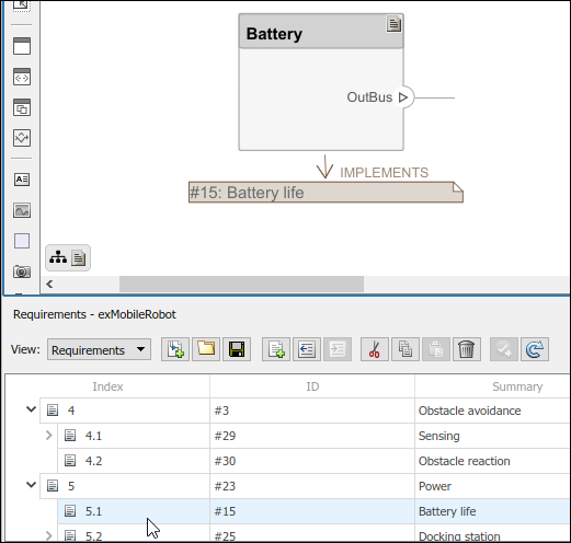 Clicking and dragging 'Battery life' requirement to the 'Battery' component.