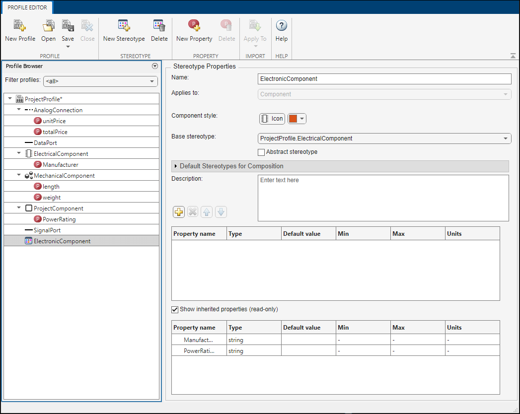 Adding a base stereotype in the Profile Editor to make the stereotype inherit properties from it.