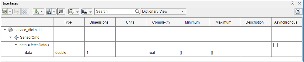 Interface Editor with a service interface definition displayed. The service interface has a function element with function signature "y = f0(u)".