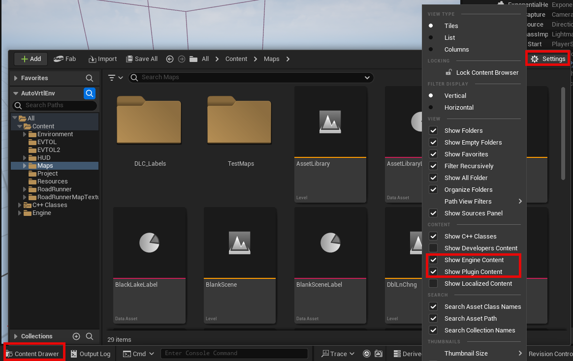 Unreal Editor Content Drawer with Settings menu open, Show Engine Content and Show Plugin Content highlighted and selected.