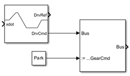 Block diagram where the Bus Assignment block overrides the TransModeCmd output from the Fishhook block.