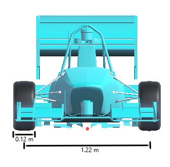 Front view of formula student vehicle with the origin marked in orange beneath its center and its front tire width and front axle dimensions shown. The front tire width is 0.12 meters. The front axle width is 1.22 meters.