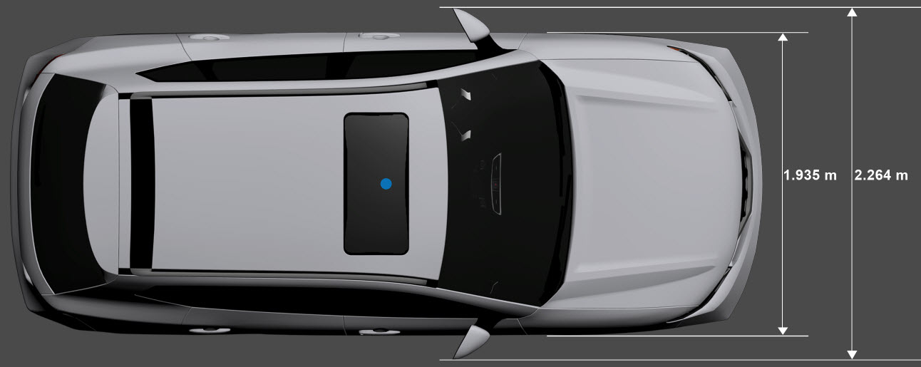 Top-down view of sport utility vehicle with the origin marked in blue at its center and its width dimensions shown. The width not including rear-view mirrors is 1.935 meters. The width including rear-view mirrors is 2.264 meters.