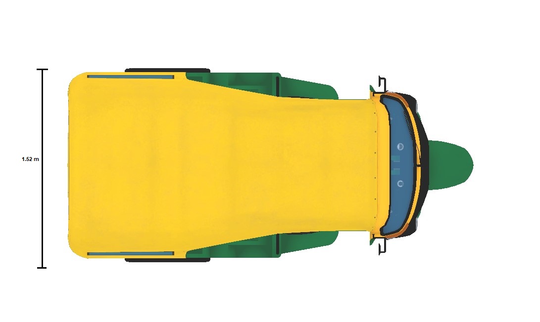 Top-down view of tuk tuk vehicle with its width dimensions shown. The width is 1.52 meters.