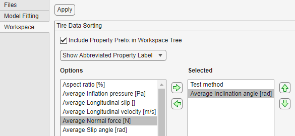 Tire Data Sorting settings