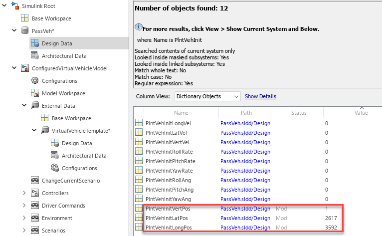 Virtual vehicle template passveh data dictionary