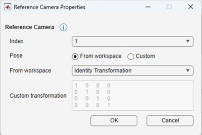 Reference Camera Properties dialog box, showing Index, Pose, From workspace, and custom transformation fields.
