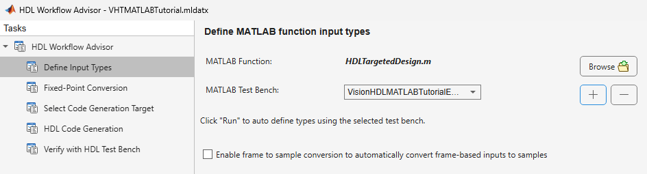 MATLAB HDL Workflow Advisor Window showing the Define Input Types step