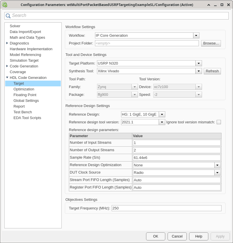 HDL Code Generation > Target panel in the Configuration Parameters window