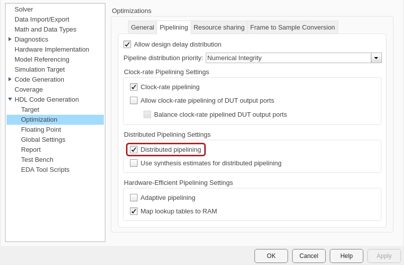 HDL Code Generation > Optimization panel in the Configuration Parameters settings window