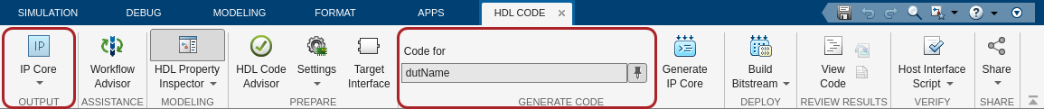 HDL Code tab in the Simulink Toolstrip