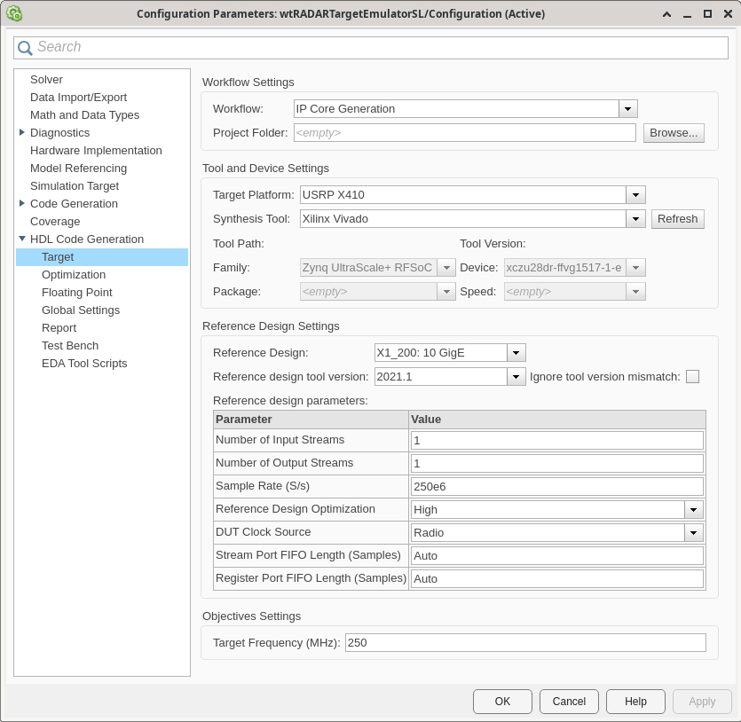 HDL Code Generation > Target panel in the Configuration Parameters window