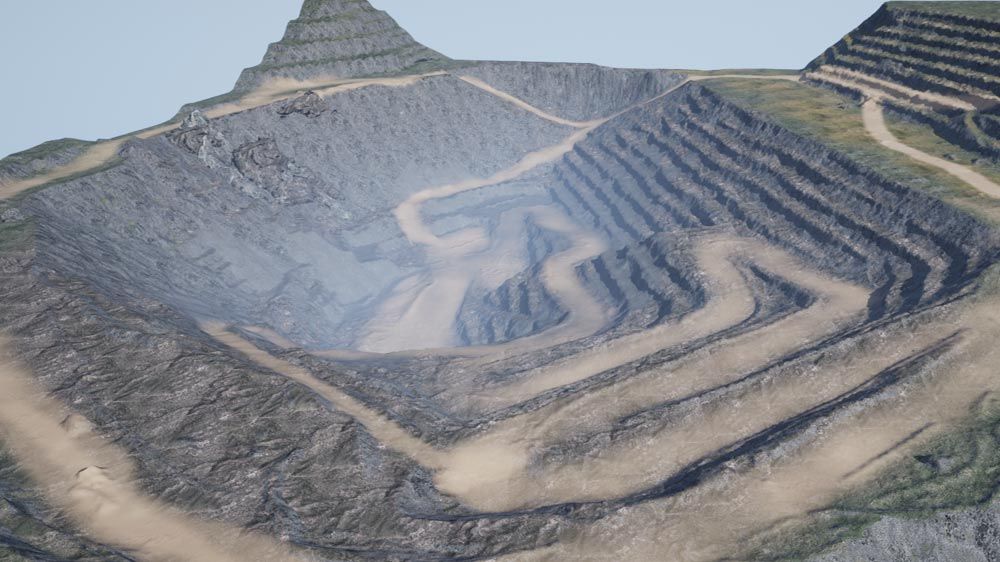 Representación fotorrealista de una cantera vista desde la parte superior que muestra las rutas de entrada y salida.