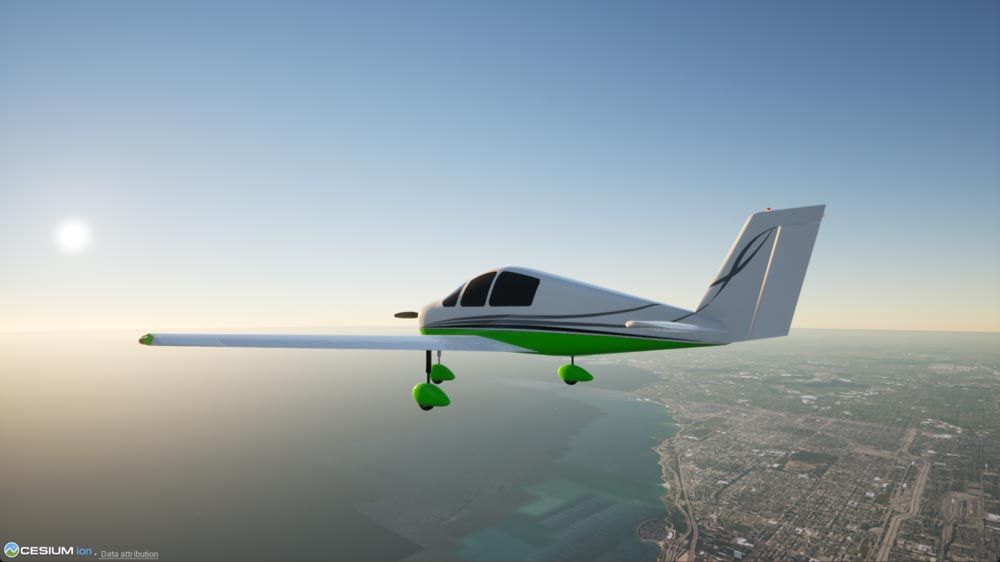 Representación fotorrealista de una avioneta blanca y verde que sobrevuela la costa con el sol en el horizonte.