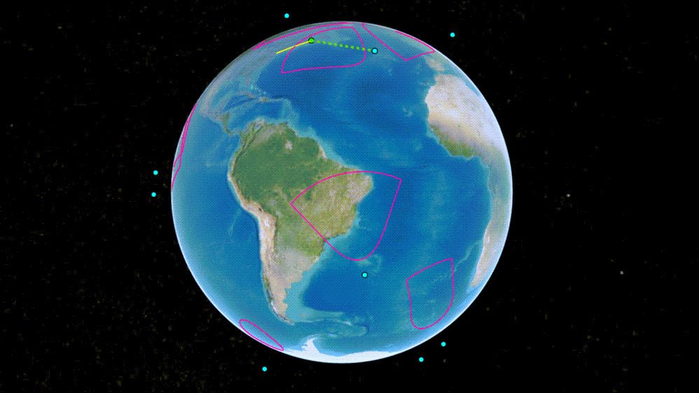 Análisis de acceso entre una constelación de satélites y una aeronave  Satélites que orbitan alrededor de un globo terráqueo en 3D.