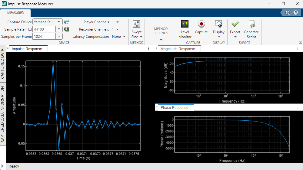 App Impulse Response Measurer que muestra controles para seleccionar métodos y parámetros de estimación, así como detalles de la respuesta al impulso medida en el dominio del tiempo, junto con magnitud y fase en el dominio de la frecuencia.