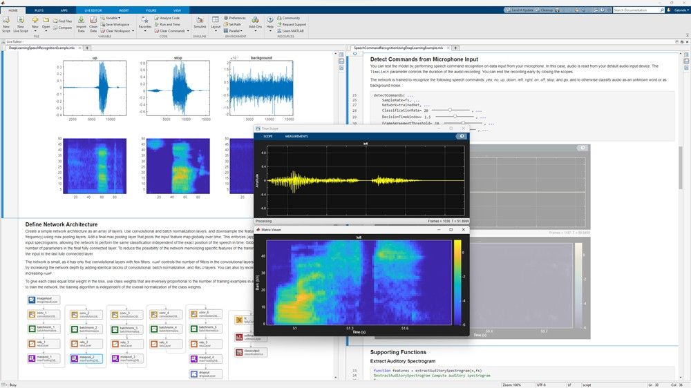 Audio Toolbox para reconocimiento de comandos de voz empleando Deep Learning, con dos versiones lado a lado. 