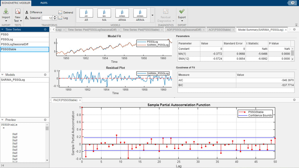 Ajuste de un modelo ARIMA estacional con la app Econometric Modeler.