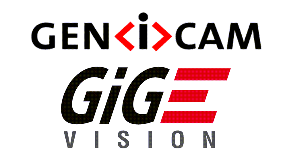 Logotipos de estándares de captura de imágenes GenICam GenTL y GigE Vision.
