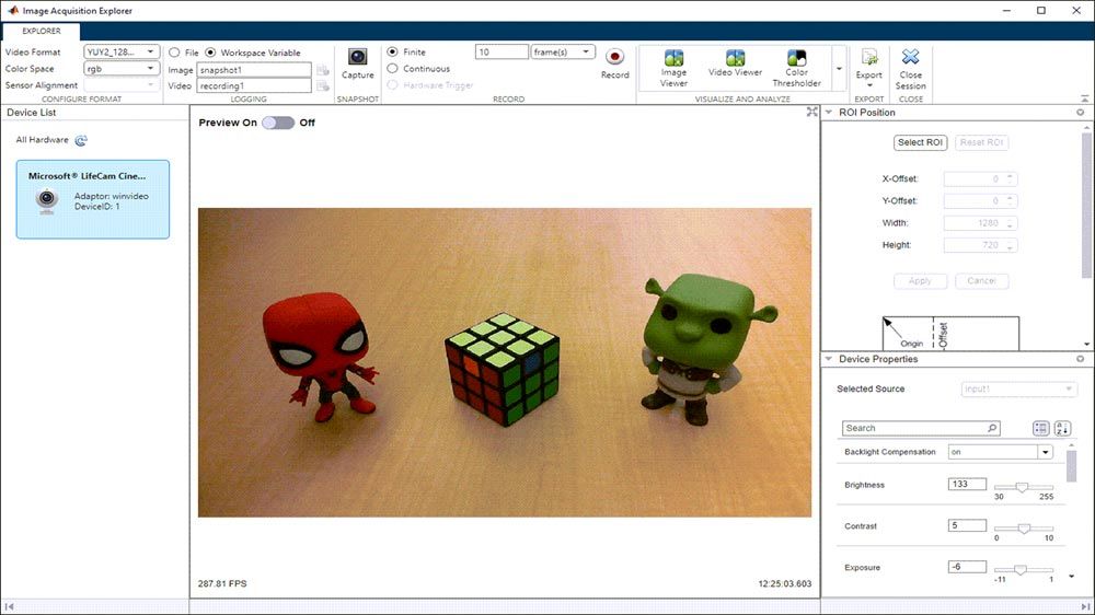App Image Acquisition Explorer que muestra la vista previa de una secuencia de vídeo.
