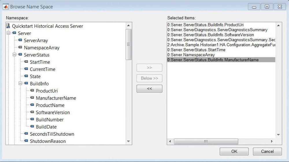 Navegador de espacio de nombres OPC UA que muestra la selección de un conjunto de nodos OPC UA de la lista de nodos disponibles en el servidor.