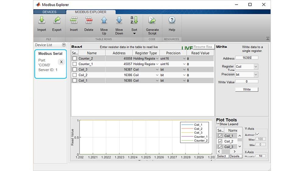 App Modbus Explorer que muestra una tabla y una gráfica de los valores actuales de cinco registros de retención y bobinas.