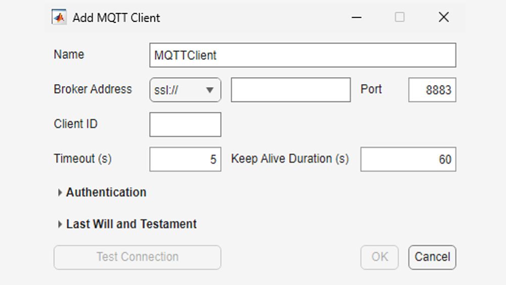 Opciones de configuración del bloque MQTT de Simulink.