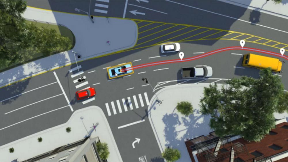 Ejemplo de RoadRunner Scenario con vehículos circulando por una intersección compleja.