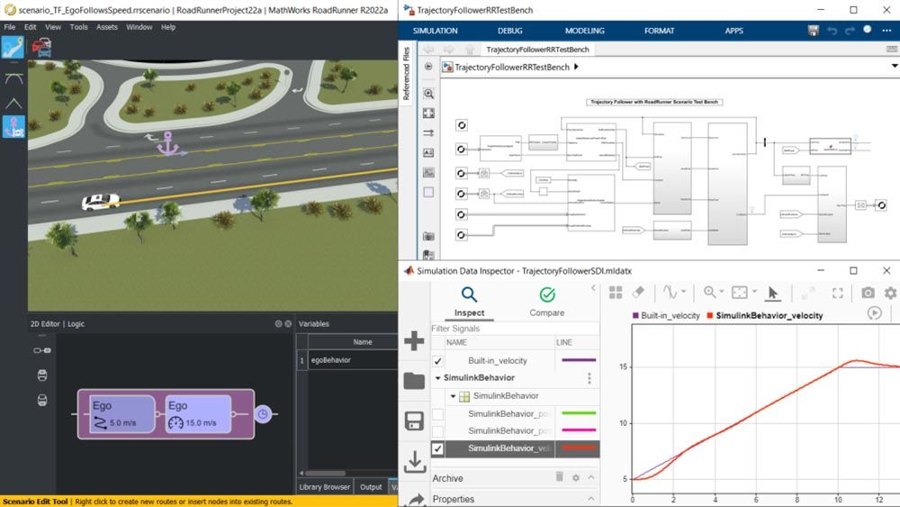 Modelo de Simulink para controlar un vehículo en RoadRunner Scenario.