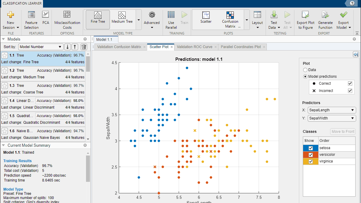 Ajuste modelos de clasificación interactivamente con la app Classification Learner.