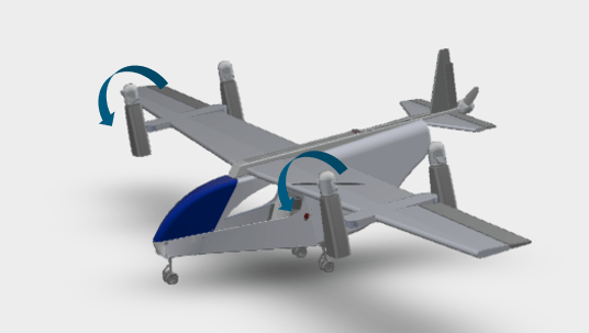 Modelo virtual en 3D de un UAV VTOL con rotor basculante.