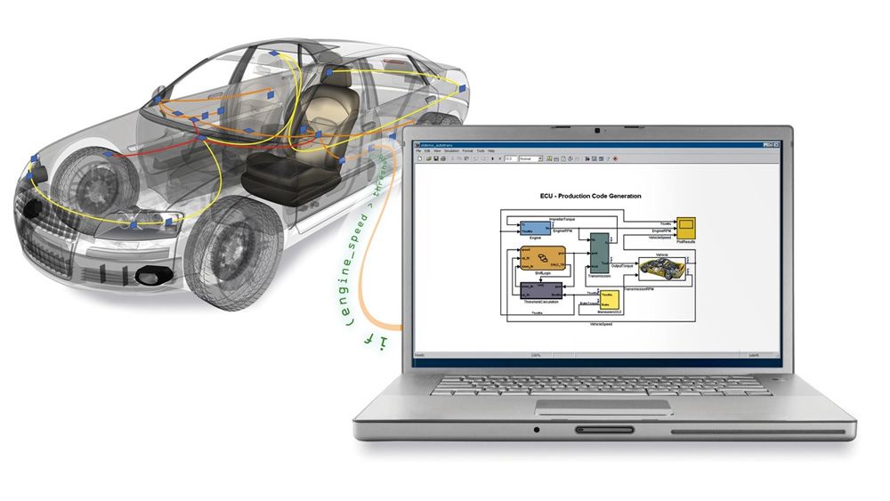 Equipo portátil con un modelo de Simulink en pantalla conectado a un vehículo a través de un cable, que representa una conexión a bus CAN.