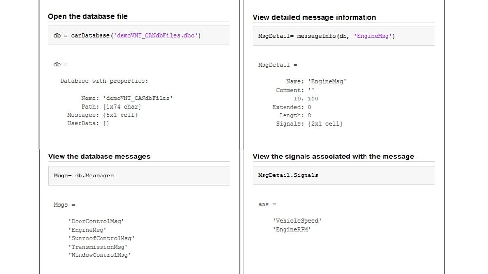 Ejemplo de código que ilustra cómo ver mensajes utilizando información almacenada en archivos de base de datos CAN.