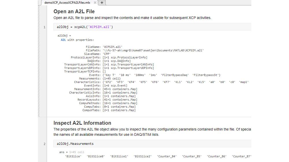 Script en vivo de MATLAB que muestra cómo acceder a información almacenada en archivos A2L para utilizarla con conexiones XCP.