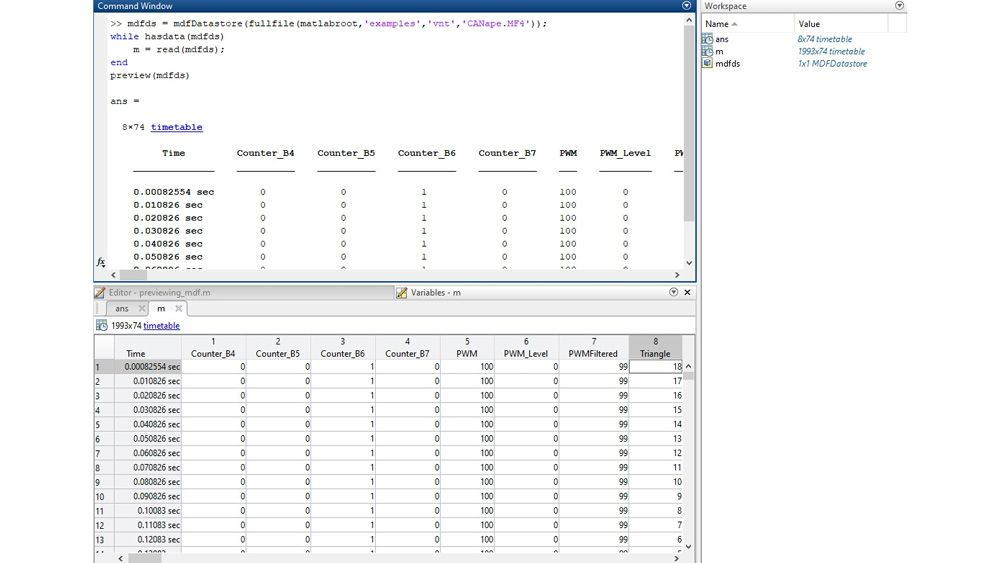 MATLAB Desktop con una vista previa de un archivo MDF a través de la interfaz de línea de comandos y los datos del archivo MDF en el editor de variables.